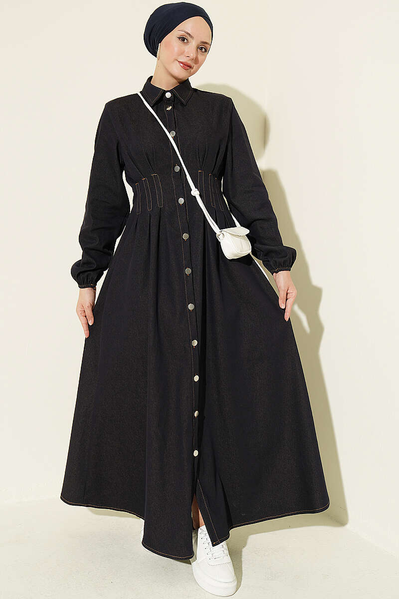 Button-Through Dress with Darts - Navy