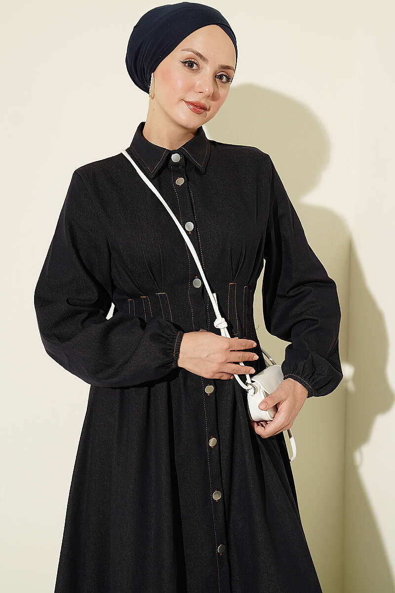 Button-Through Dress with Darts - Navy