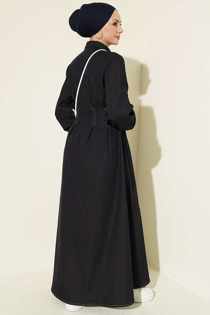 Button-Through Dress with Darts - Navy