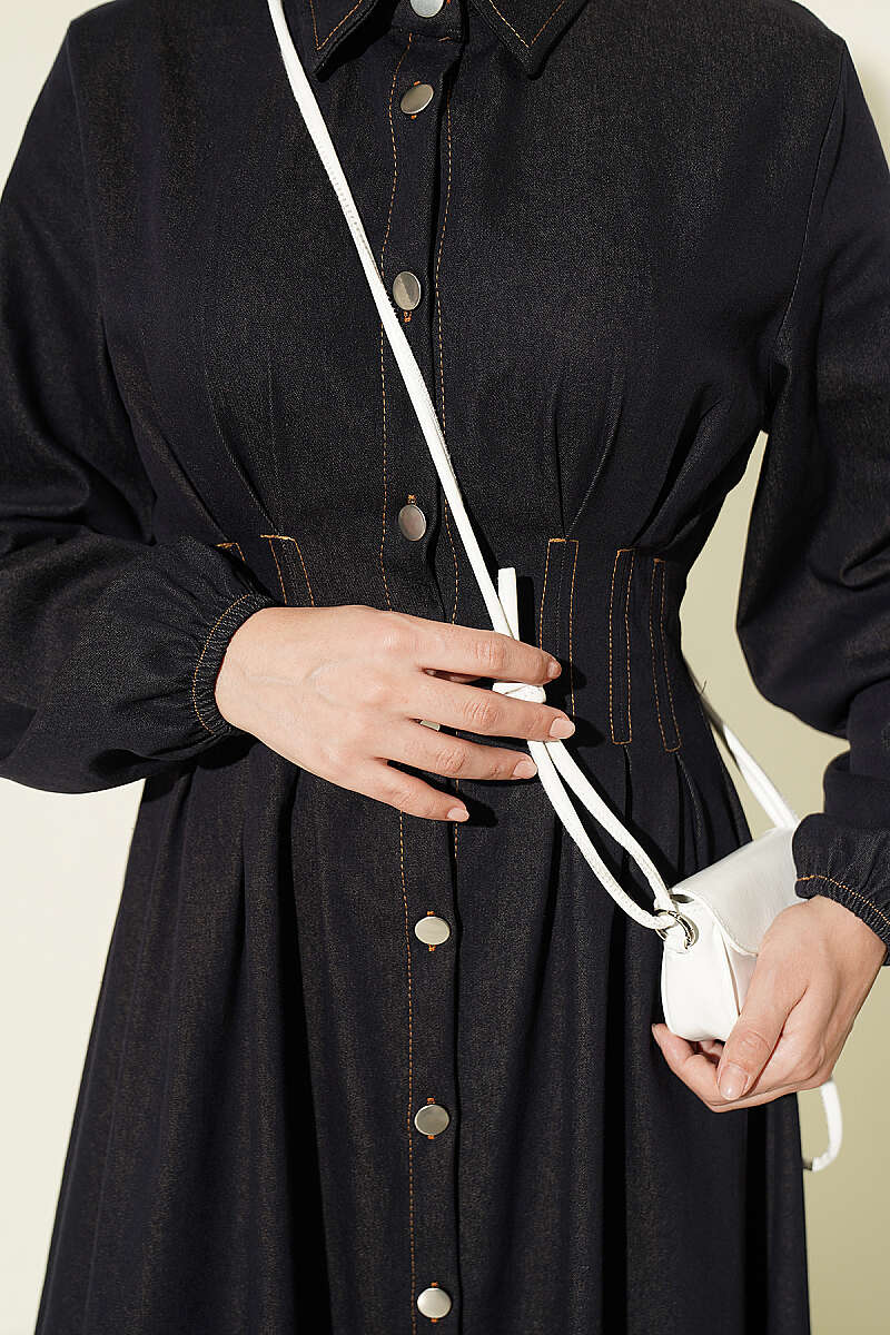 Button-Through Dress with Darts - Navy