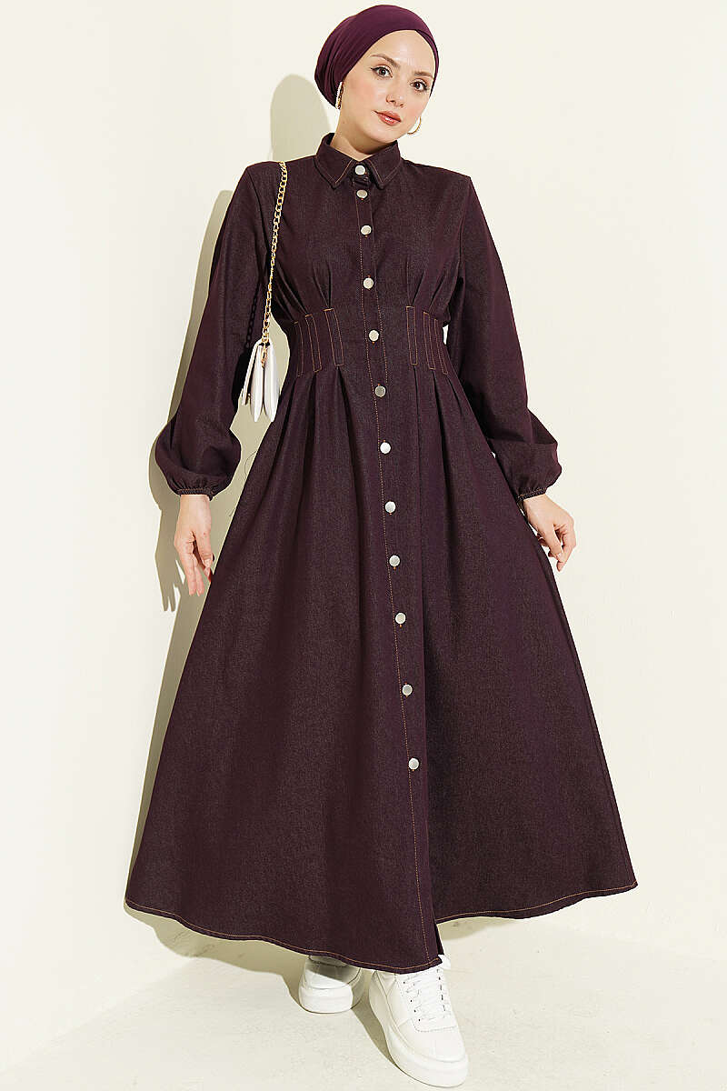 Button-Through Dress with Darts - Plum