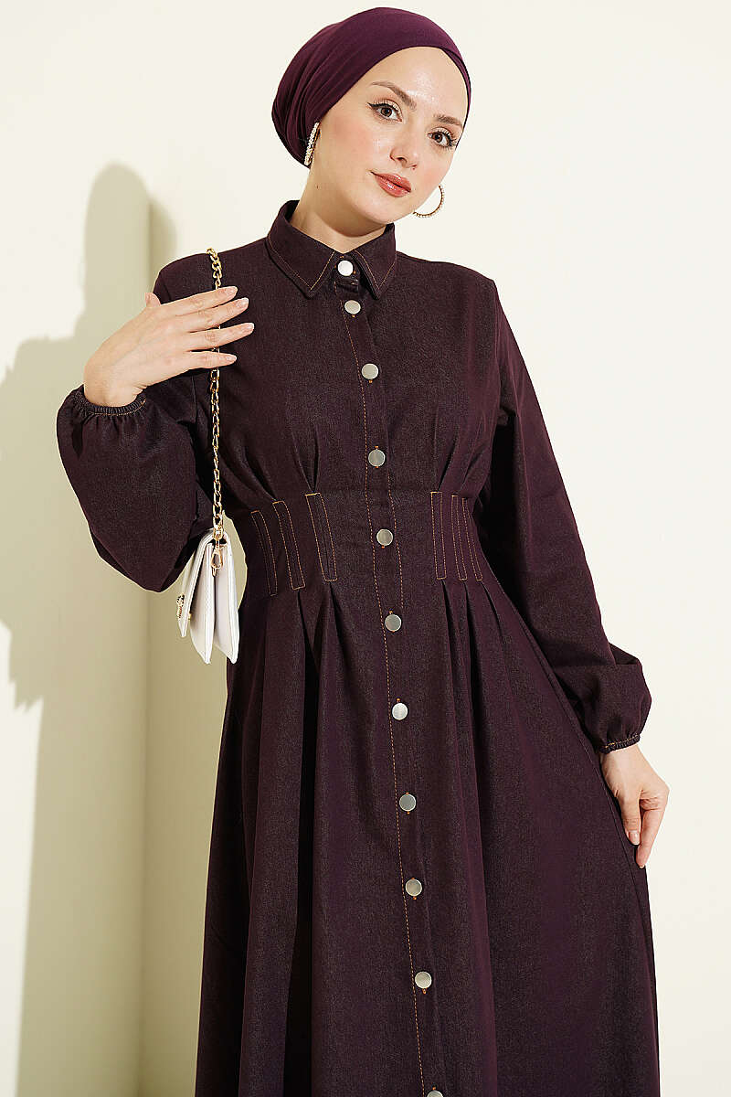 Button-Through Dress with Darts - Plum