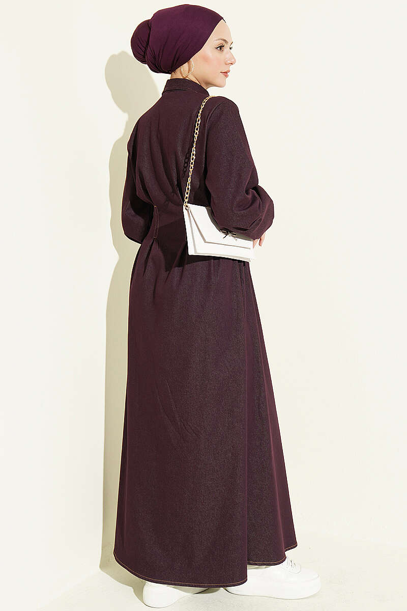 Button-Through Dress with Darts - Plum