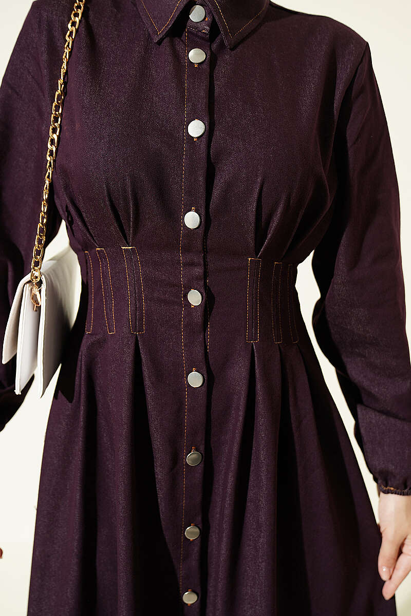 Button-Through Dress with Darts - Plum