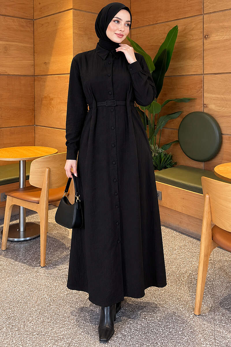Belted Button-Through Dress with Darts - Black