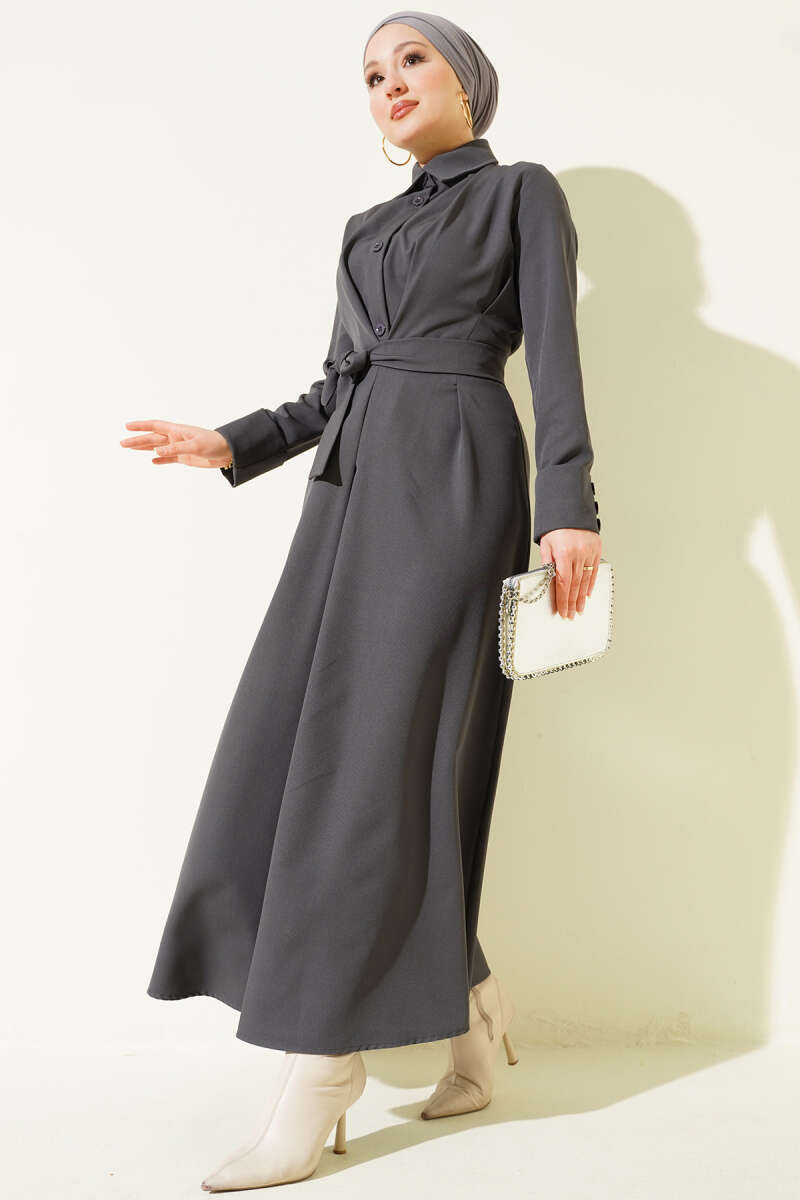 Belted Button-Through Dart Dress - Smoke Grey