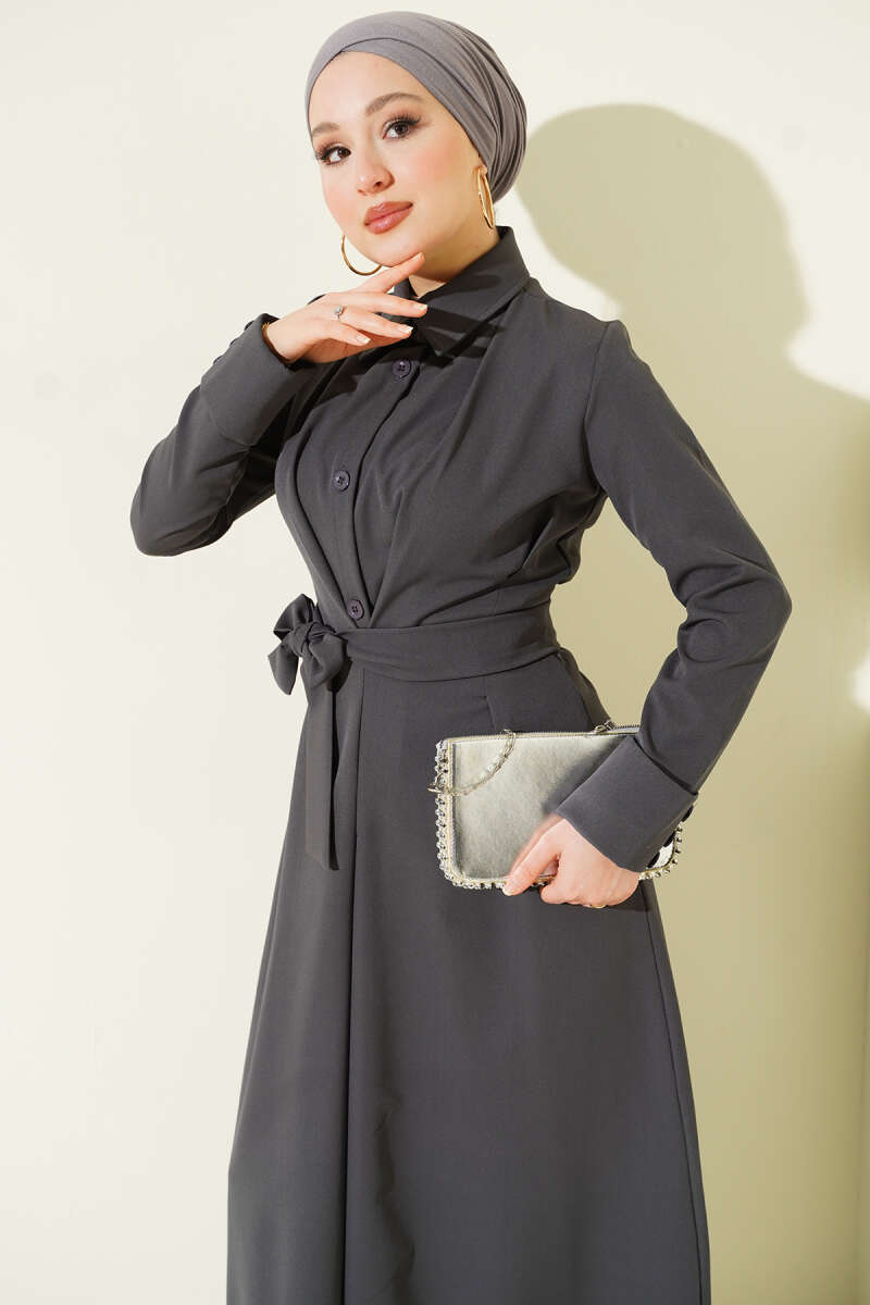 Belted Button-Through Dart Dress - Smoke Grey