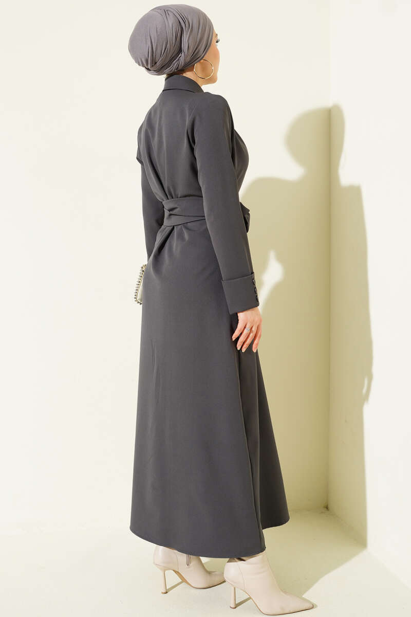 Belted Button-Through Dart Dress - Smoke Grey