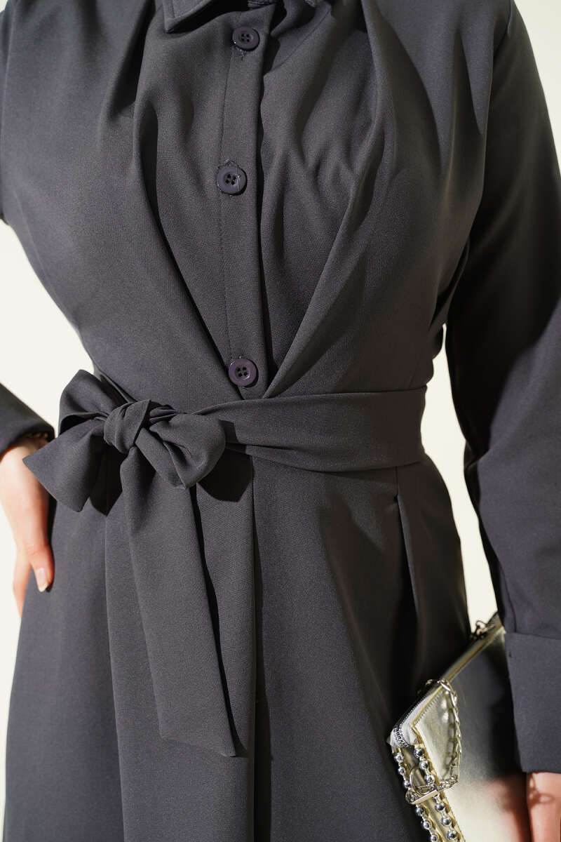 Belted Button-Through Dart Dress - Smoke Grey