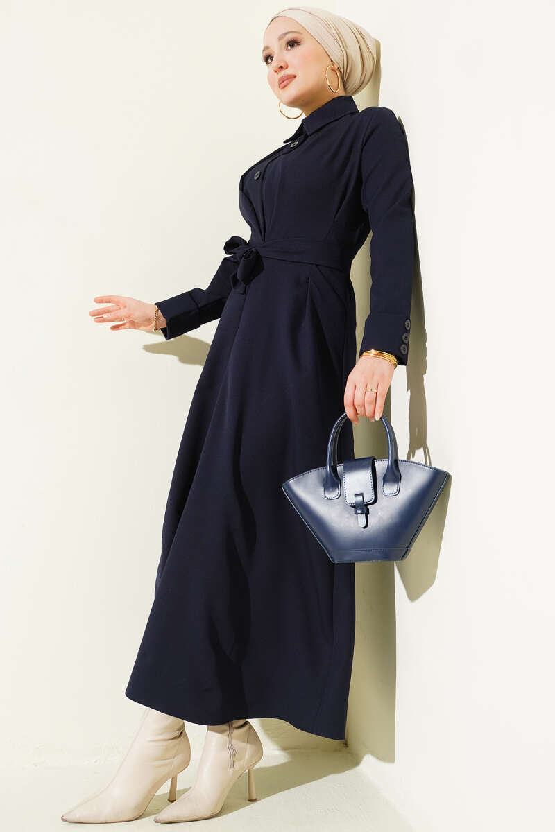 Belted Button-Through Dart Dress - Navy