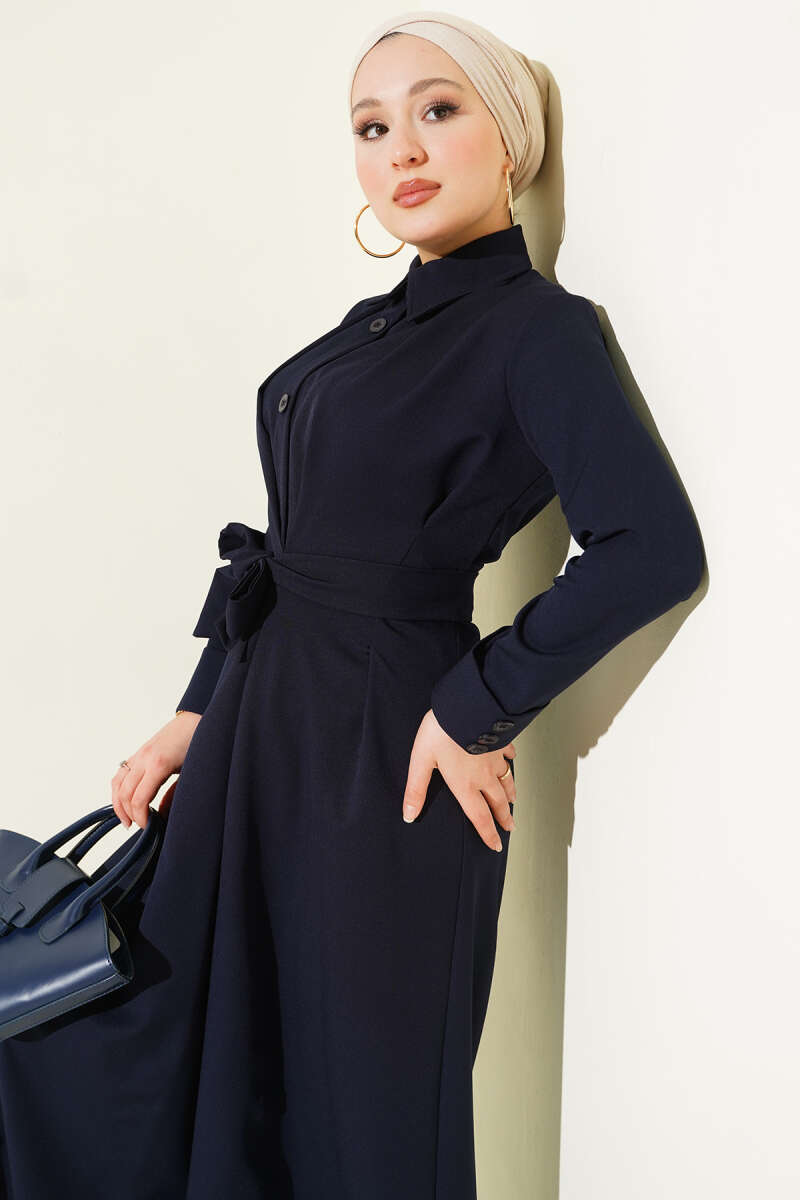 Belted Button-Through Dart Dress - Navy
