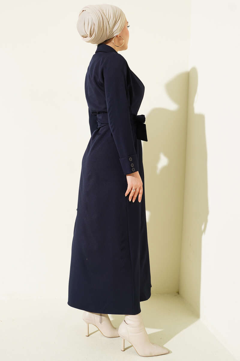 Belted Button-Through Dart Dress - Navy