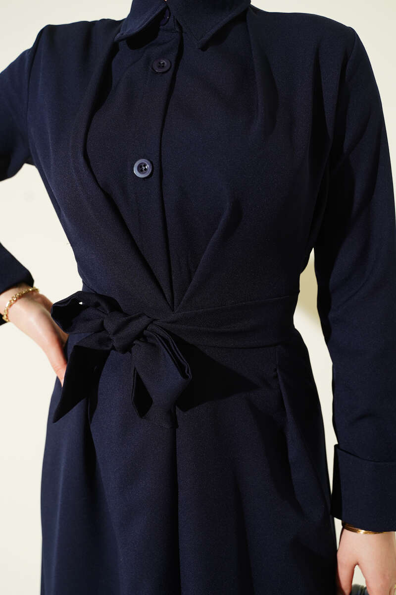 Belted Button-Through Dart Dress - Navy