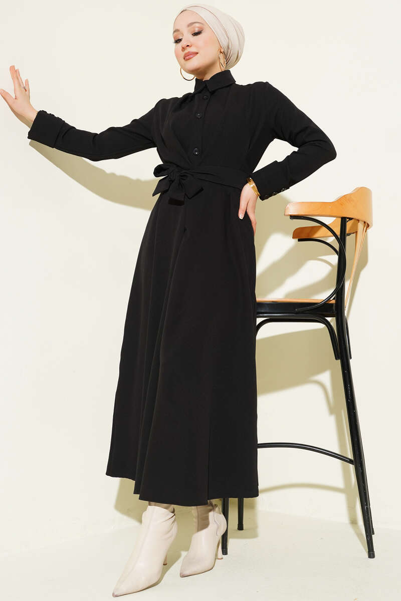 Belted Button-Through Dart Dress - Black