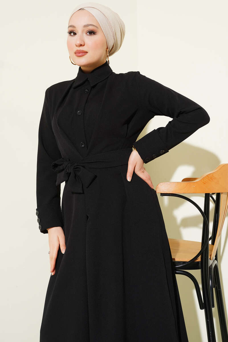 Belted Button-Through Dart Dress - Black