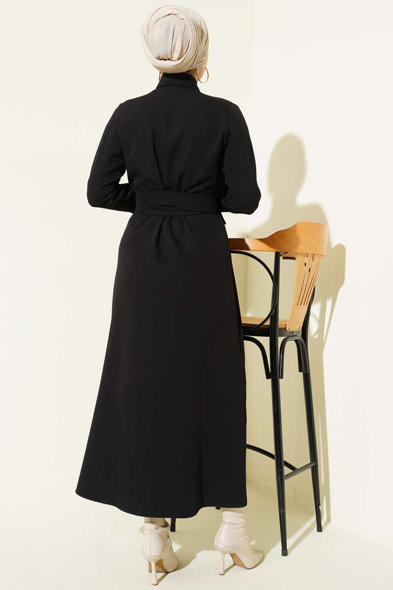 Belted Button-Through Dart Dress - Black