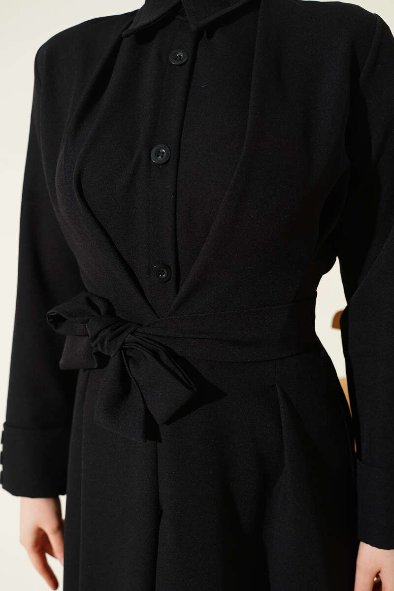 Belted Button-Through Dart Dress - Black