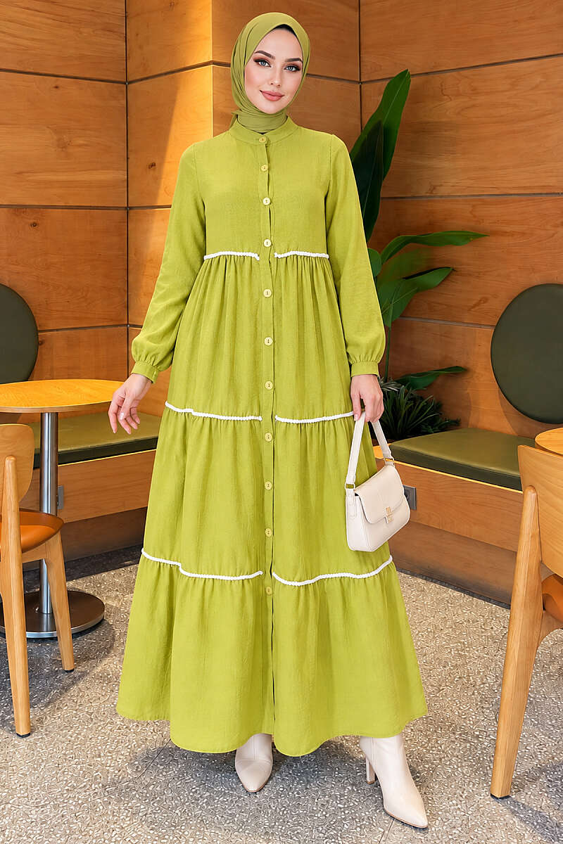 Button-Through Dress with Pompom Trim - Pistachio