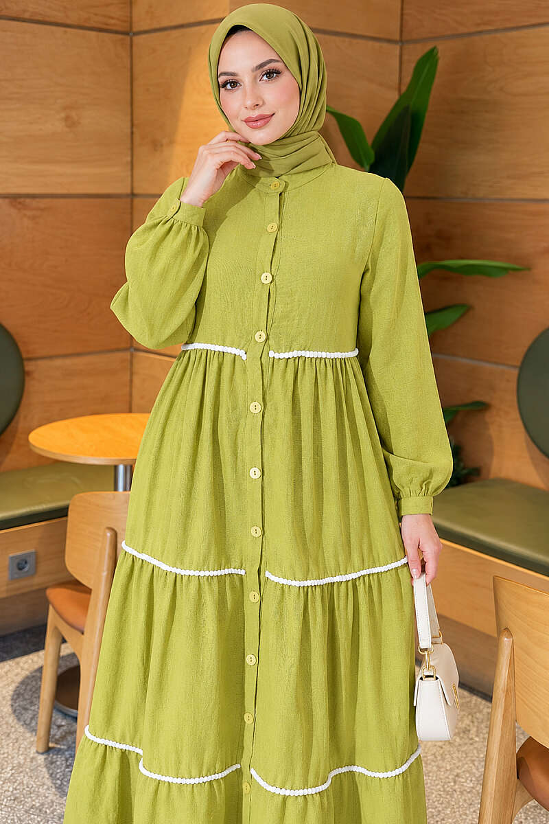 Button-Through Dress with Pompom Trim - Pistachio