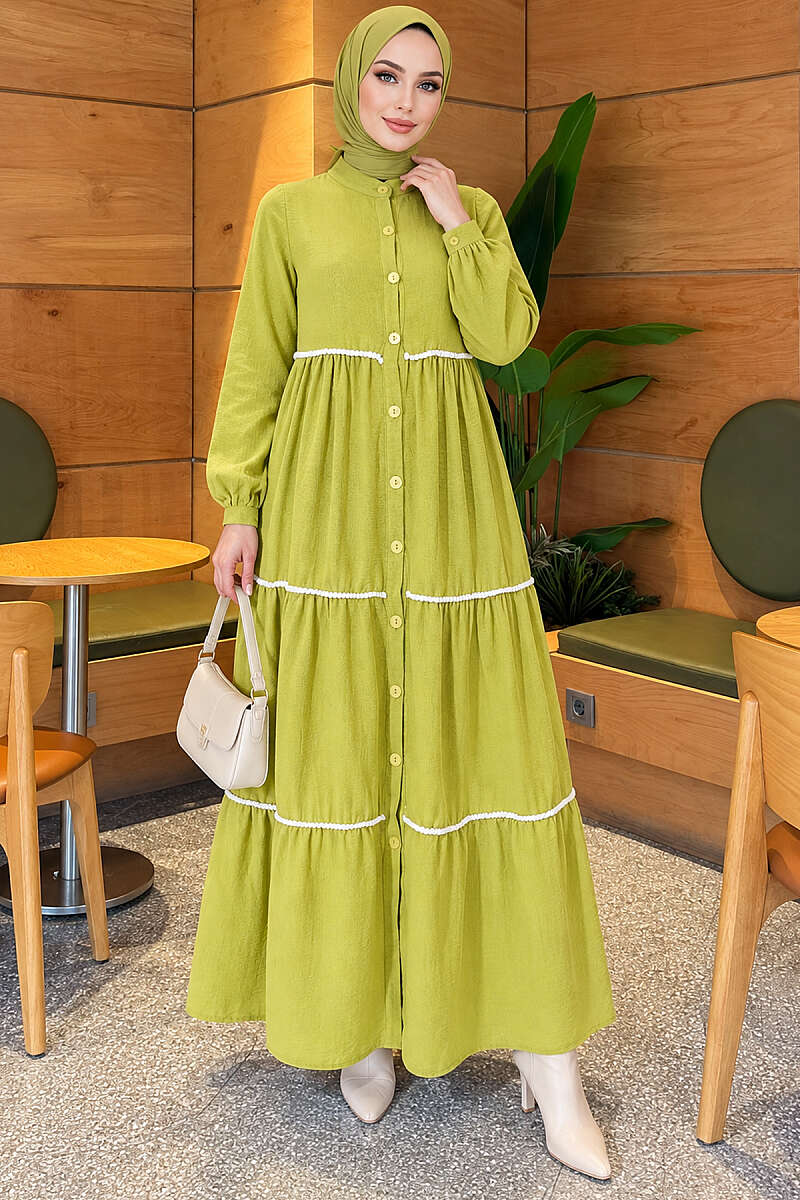 Button-Through Dress with Pompom Trim - Pistachio