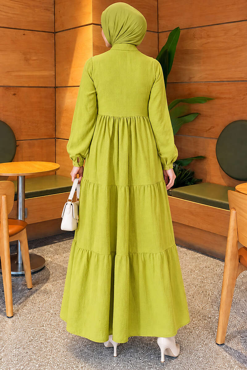 Button-Through Dress with Pompom Trim - Pistachio