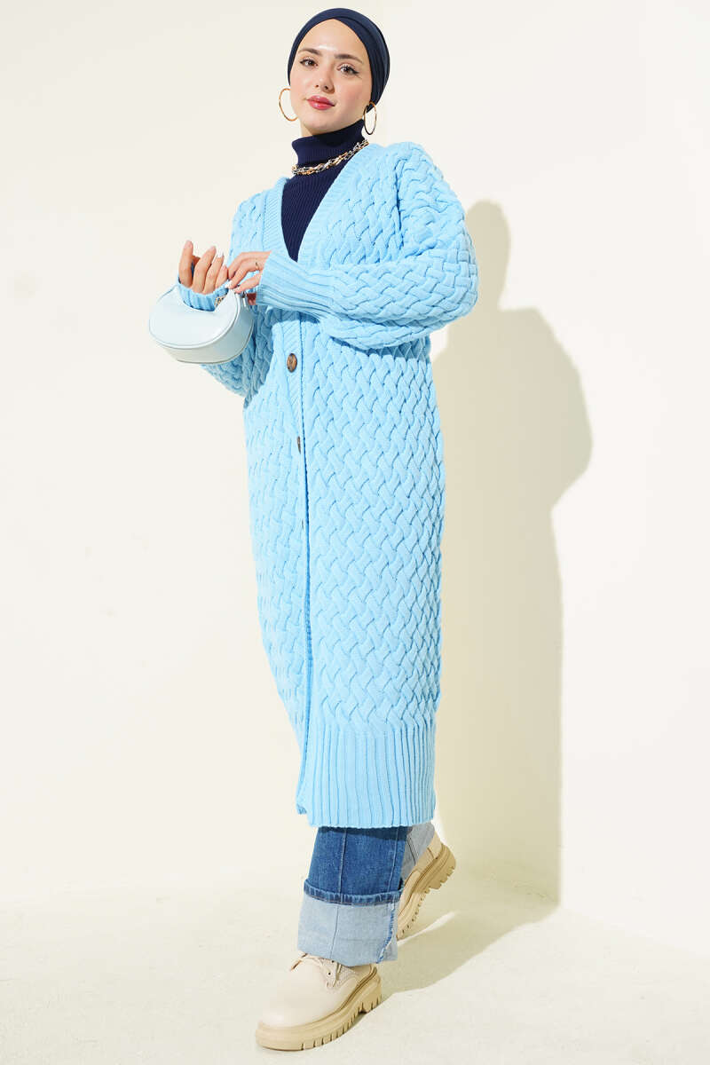 Long Basket-Weave Button-Through Cardigan - Sky Blue