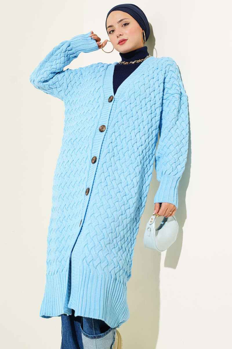 Long Basket-Weave Button-Through Cardigan - Sky Blue