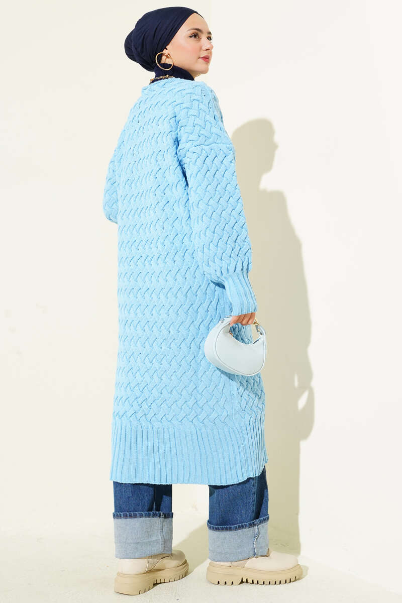 Long Basket-Weave Button-Through Cardigan - Sky Blue