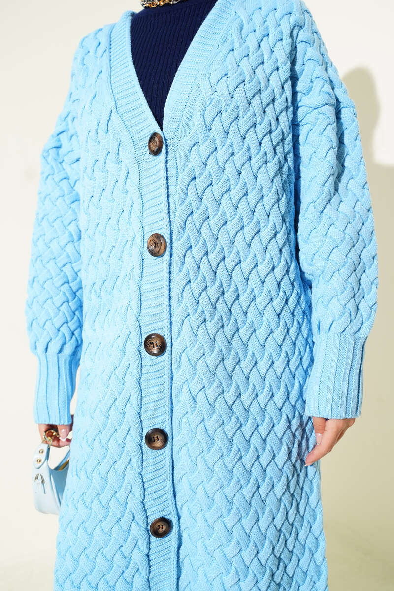 Long Basket-Weave Button-Through Cardigan - Sky Blue