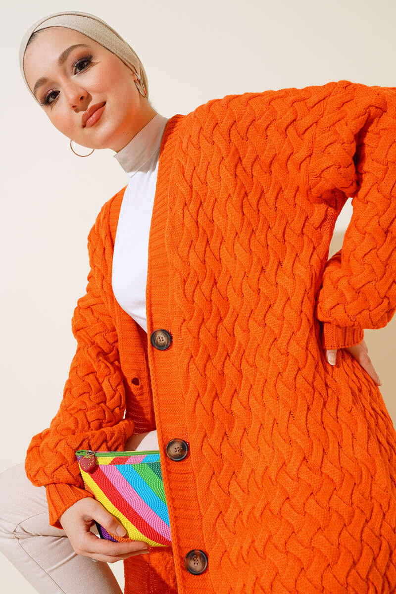 Long Basket-Weave Button-Through Cardigan - Orange