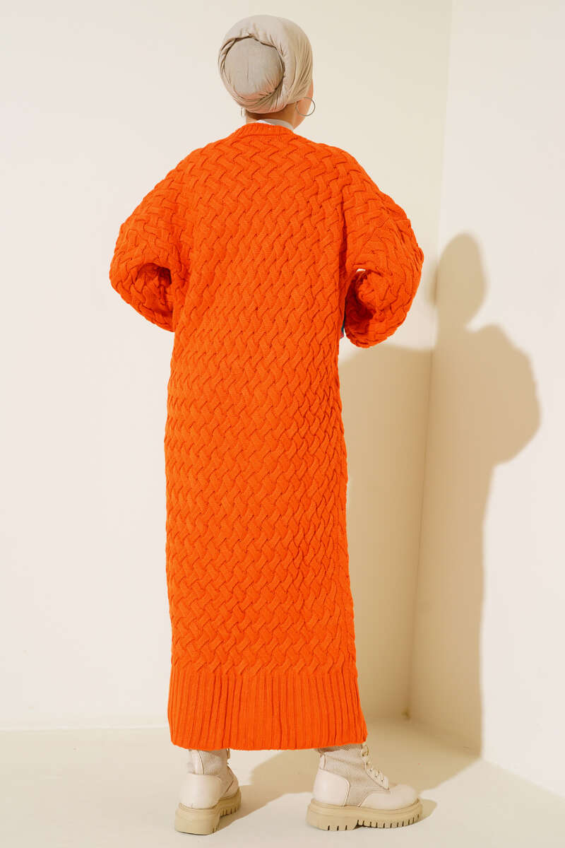 Long Basket-Weave Button-Through Cardigan - Orange