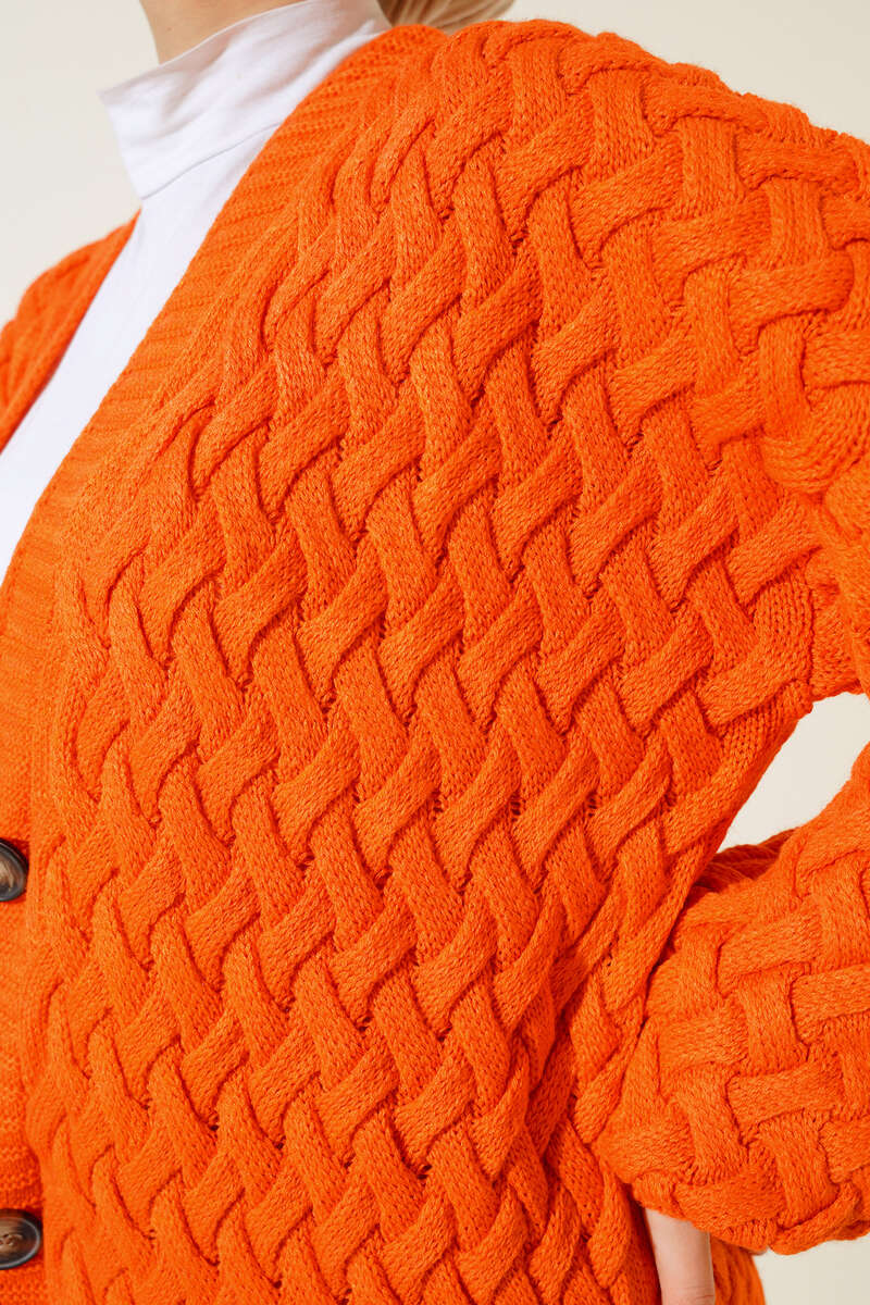 Long Basket-Weave Button-Through Cardigan - Orange