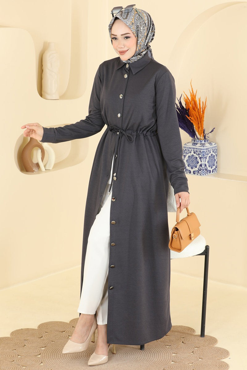 Elegant Full-Button Crepe Dress - Charcoal