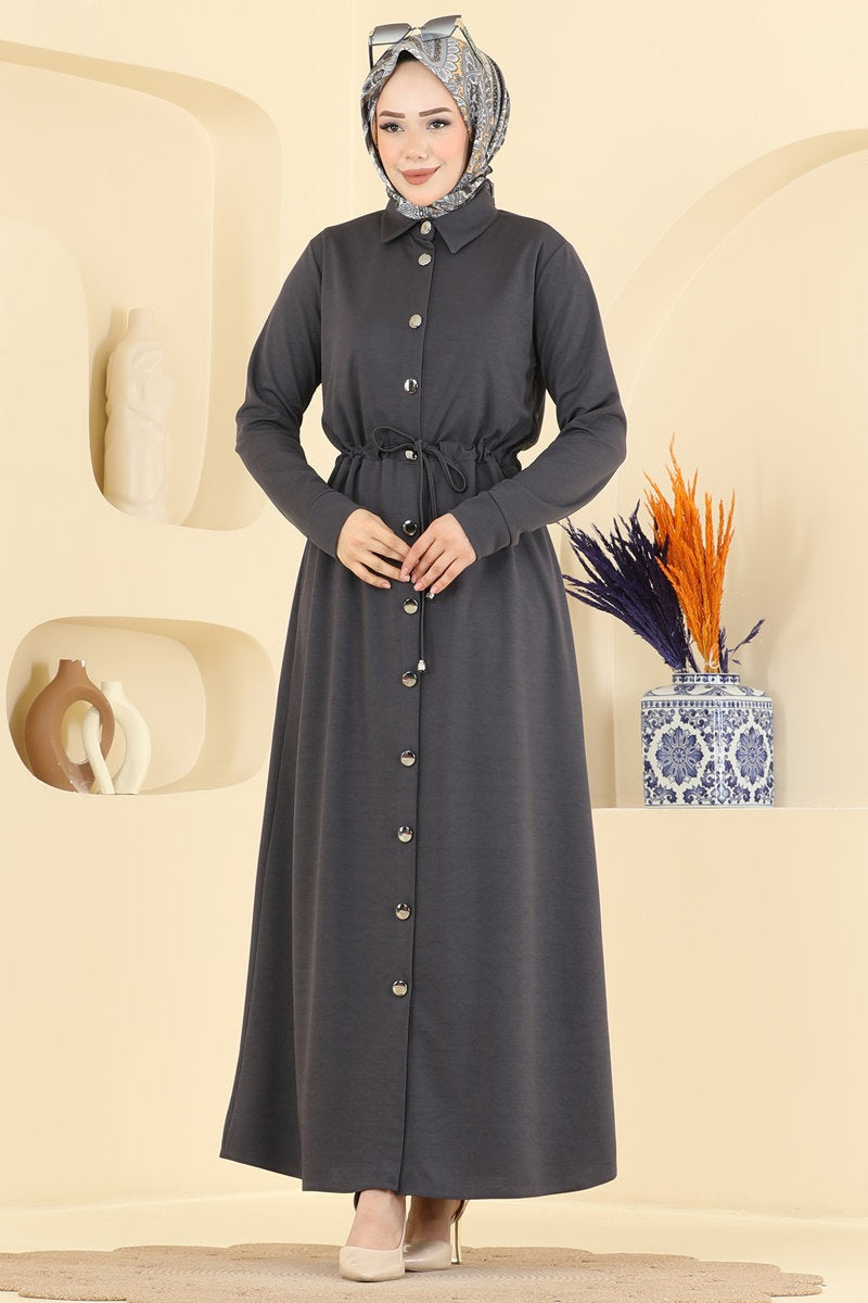 Elegant Full-Button Crepe Dress - Charcoal