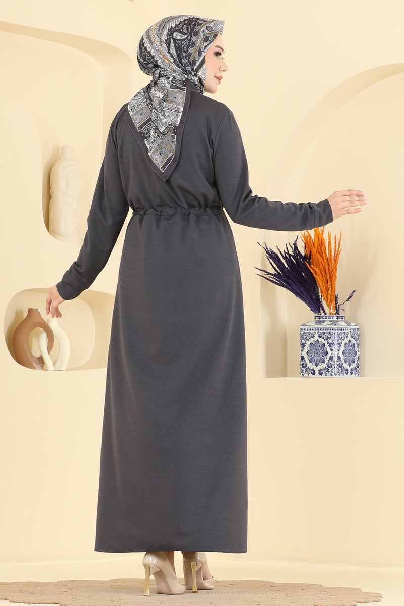Elegant Full-Button Crepe Dress - Charcoal