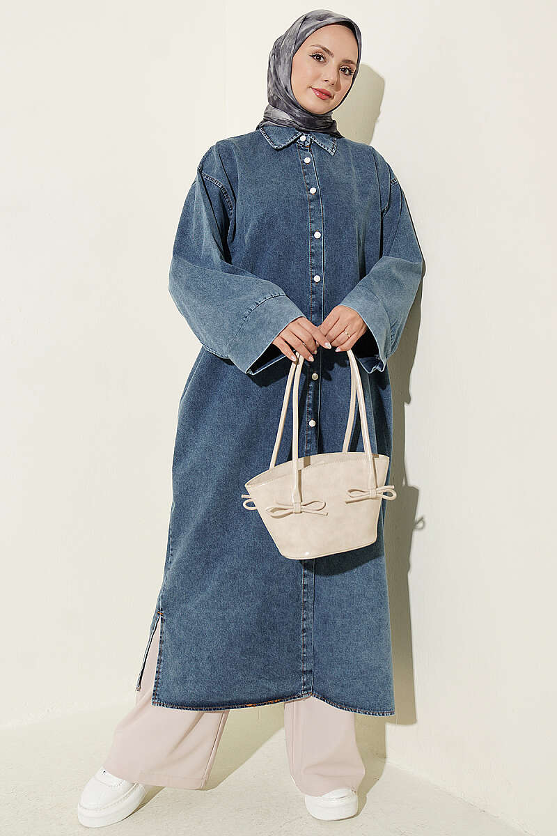 Long Button-Through Tunic - Denim Blue