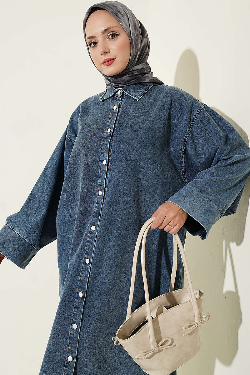 Long Button-Through Tunic - Denim Blue