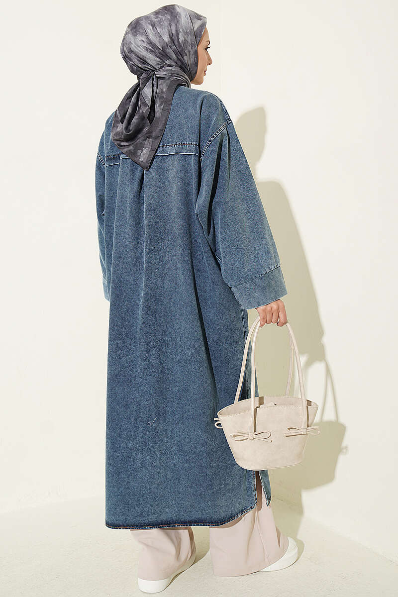 Long Button-Through Tunic - Denim Blue