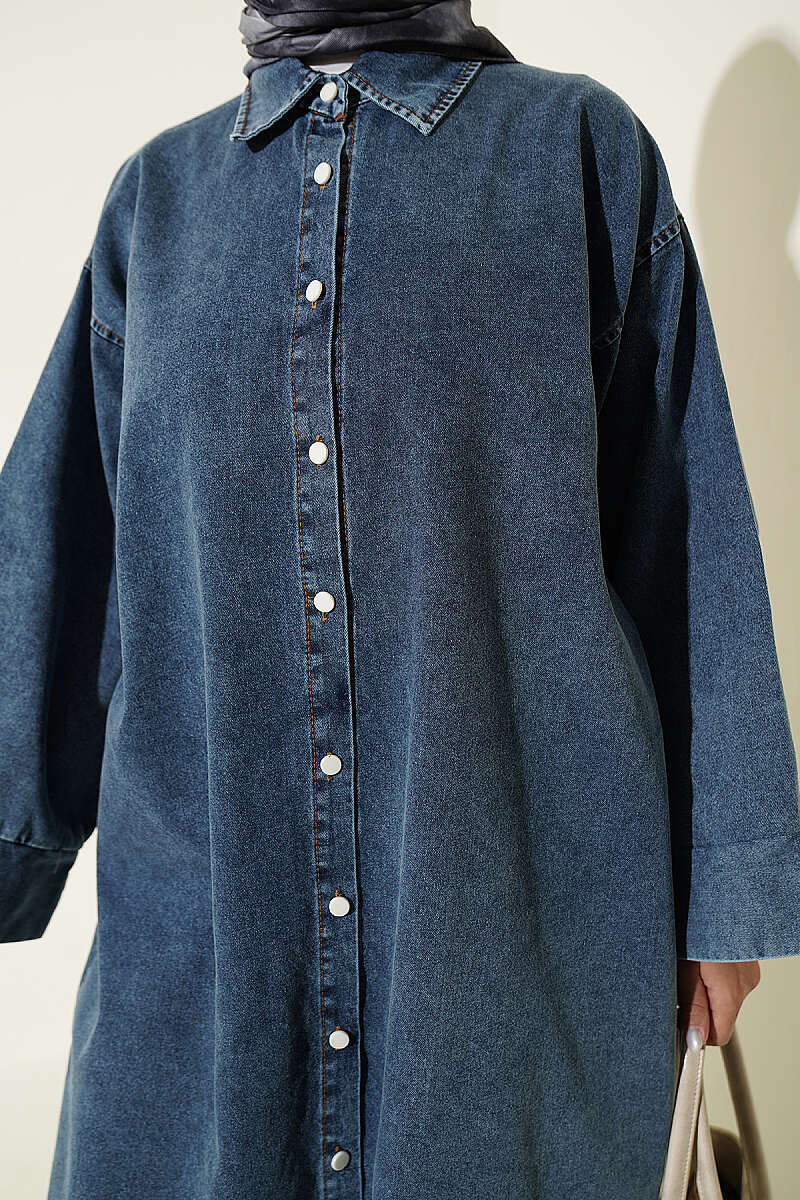 Long Button-Through Tunic - Denim Blue