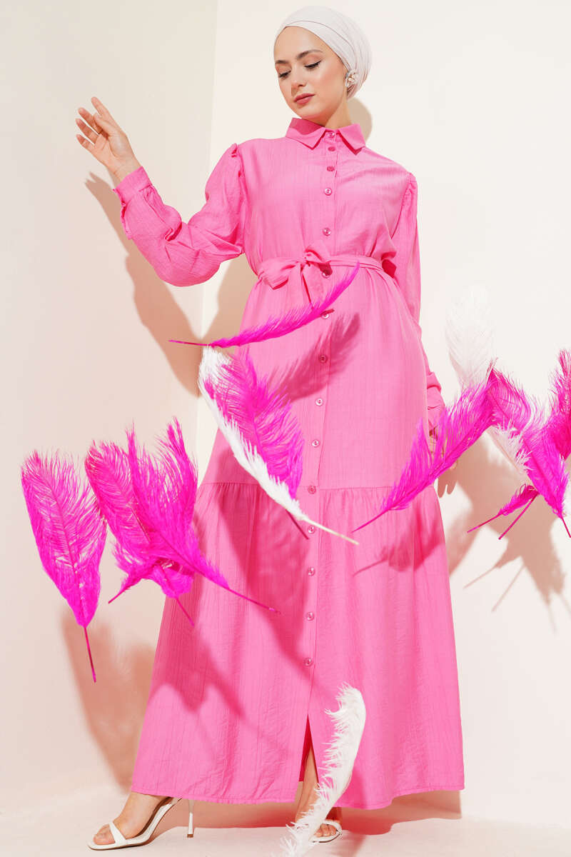 Button-Through Flounce Dress - Pink