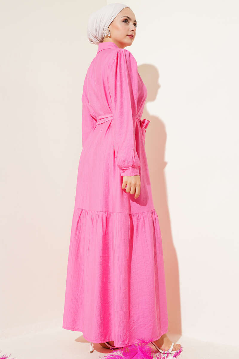 Button-Through Flounce Dress - Pink