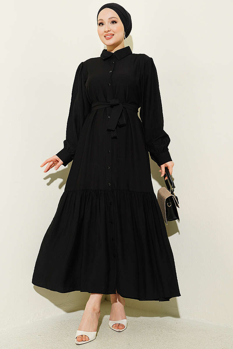 Belted Button-Through Ruffle Dress - Black