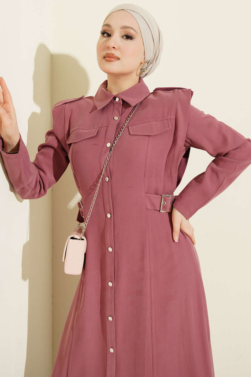 Button-Through Tencel Dress with Side Belt - Dusty Rose