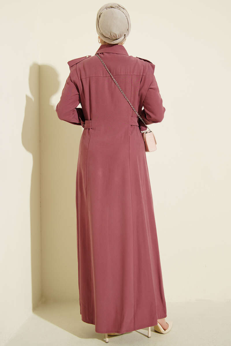 Button-Through Tencel Dress with Side Belt - Dusty Rose