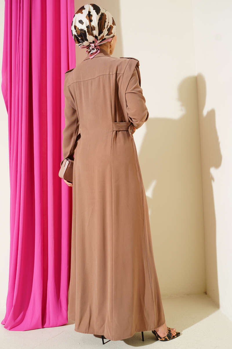 Button-Through Tencel Dress with Side Belt - Latte