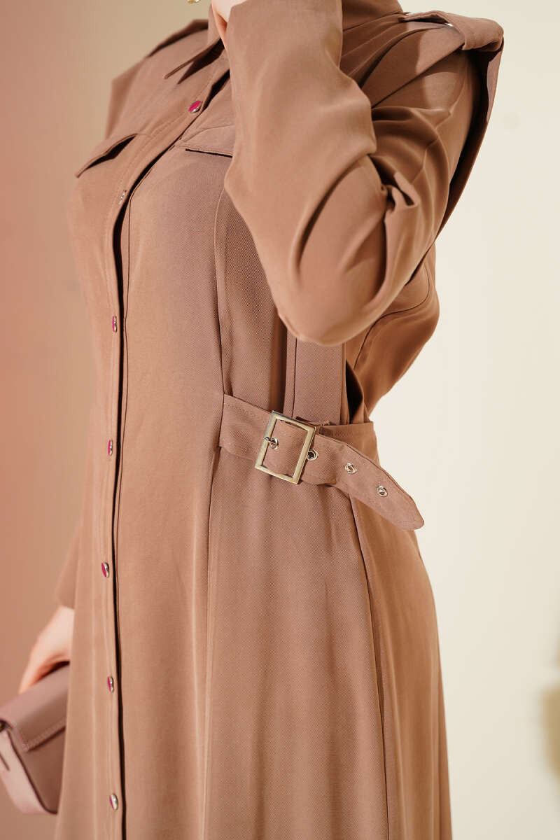 Button-Through Tencel Dress with Side Belt - Latte