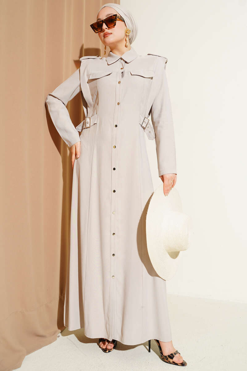 Button-Through Tencel Dress with Side Belt - Stone