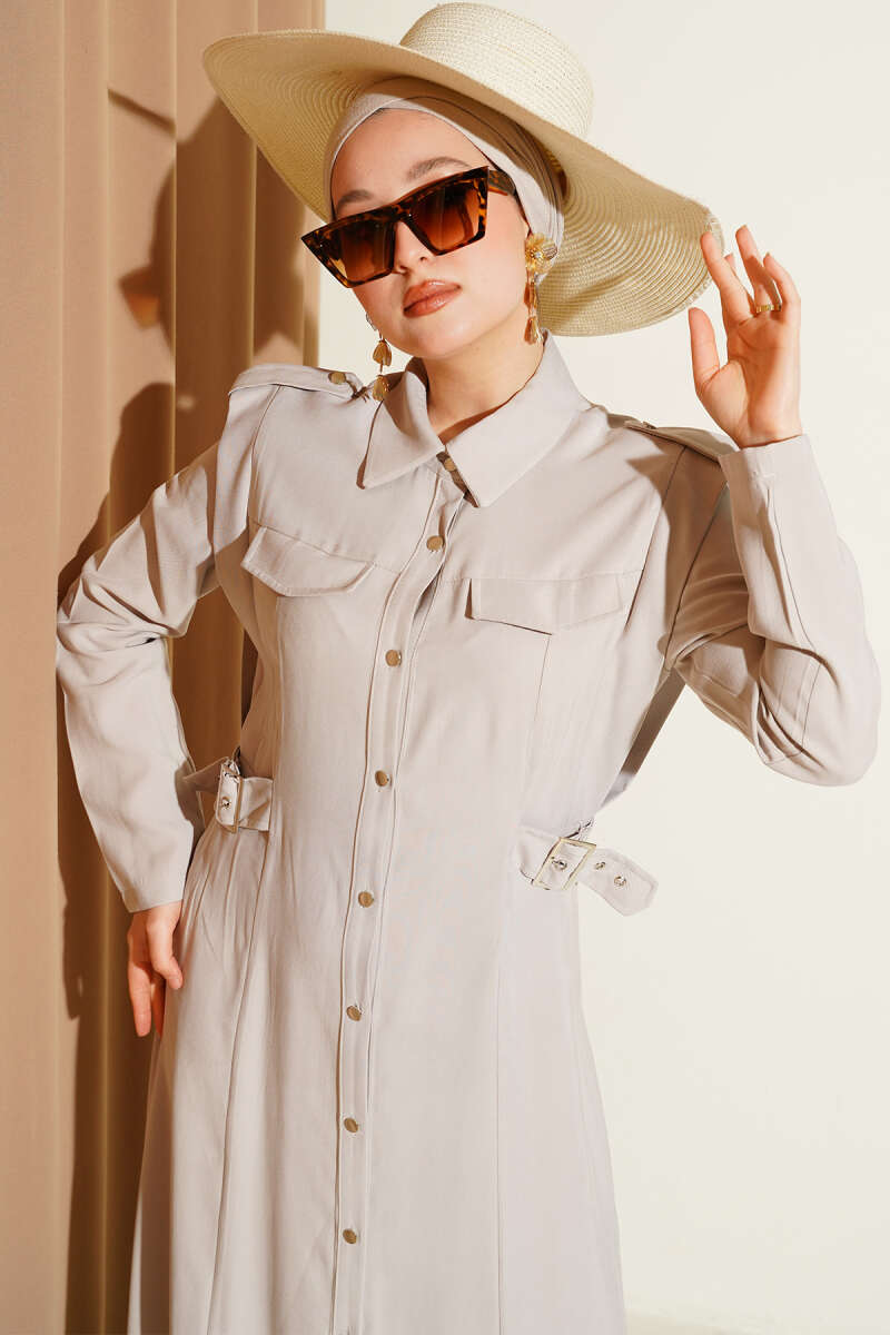 Button-Through Tencel Dress with Side Belt - Stone