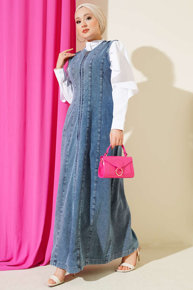 Zip-Through Denim Pinafore - Light Blue
