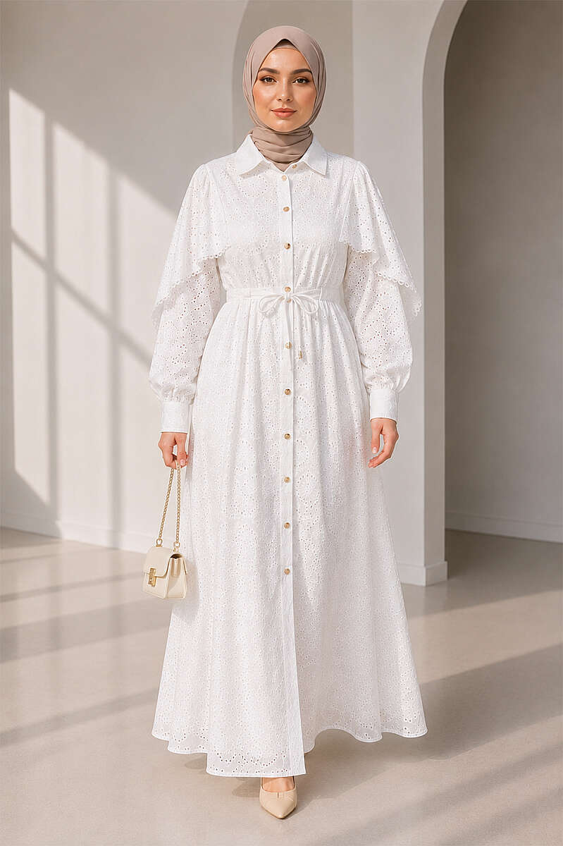 Embroidered Dress with Gold Buttons and Drawstring Waist - White